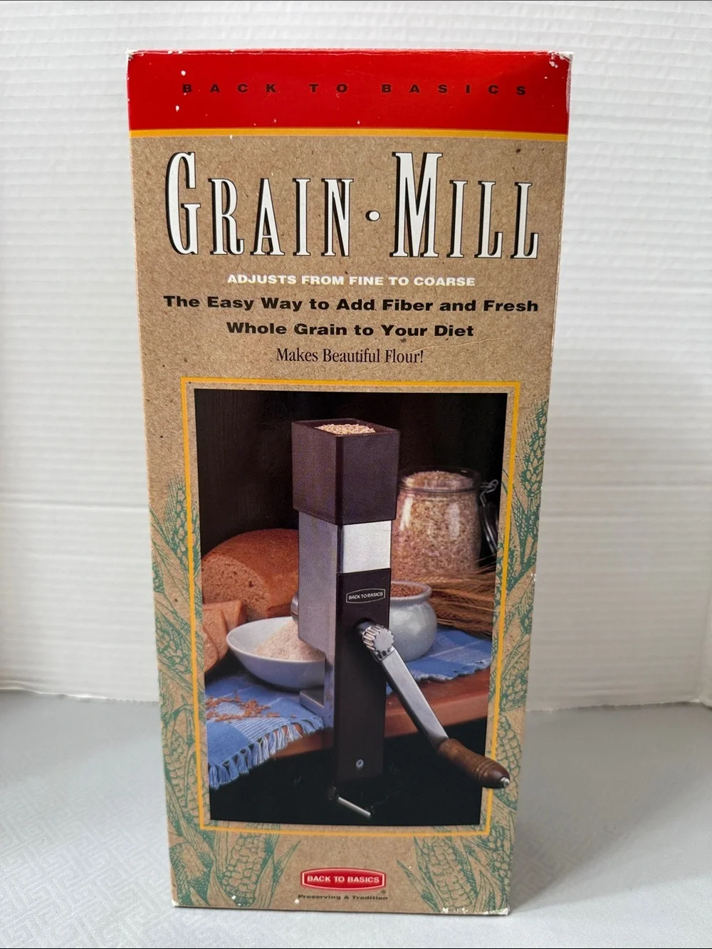 Vtg  Back to Basics Manual Hand Crank Wood Handle Grain Mill Grinder Model #555